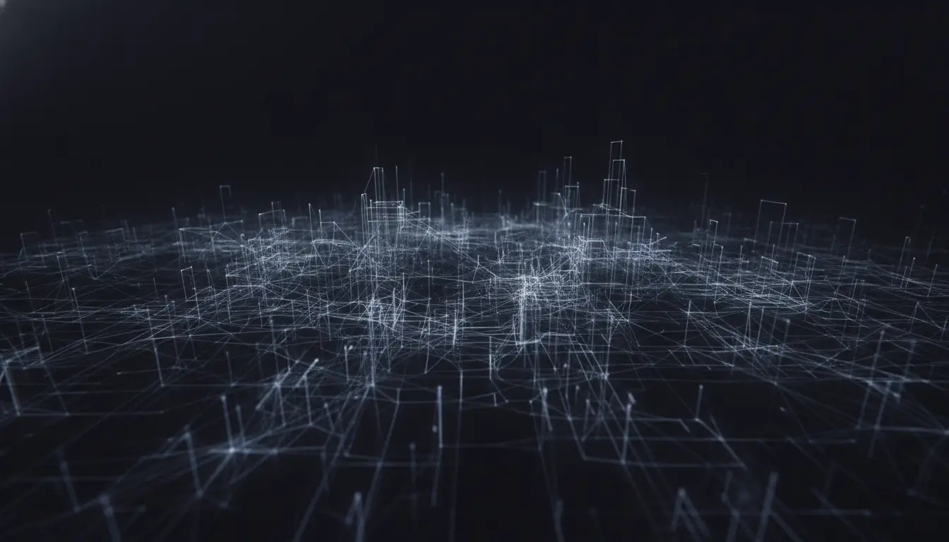 Dim tangled wireframe threads sprawling with no structure, representing free-form AI-generated integration code